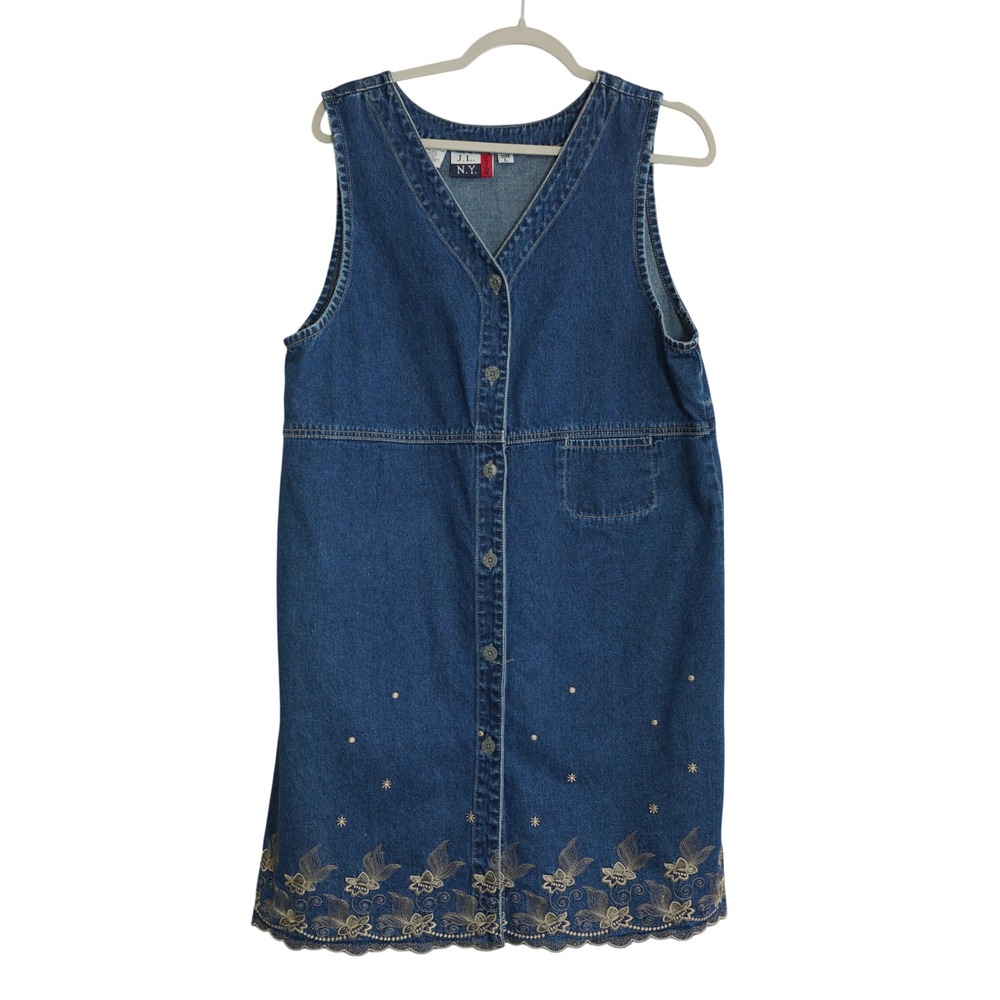 Vintage Denim Button Front Dress Size L Gold Embroidered Scalloped Trim Country